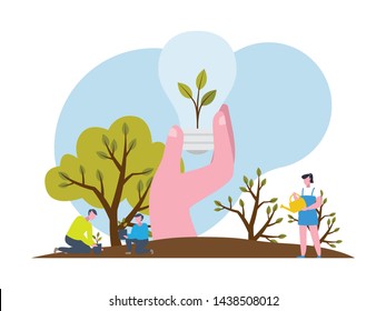 Reforestation concept illustration. Planting trees and sustainable energy poster asset.