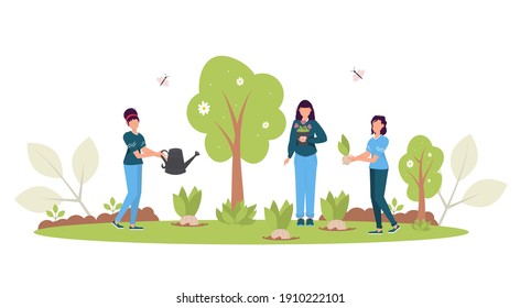 Reforestation concept. Spring Forest restoration, reforestation planting trees, environment day. Characters seedling garden. Volunteer gardening plant. Environmental agriculture save earth ecology.