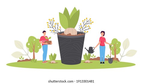 Reforestation concept. Spring Forest restoration, reforestation planting trees, environment day. Characters seedling garden. Volunteer gardening plant. Environmental agriculture save earth ecology.