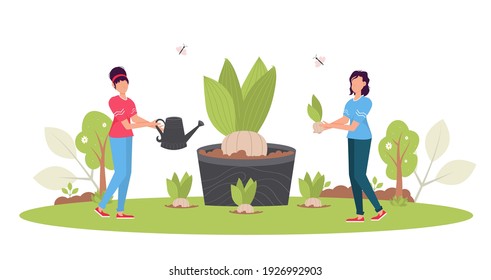 Reforestation concept. Spring Forest restoration, reforestation planting trees, environment day. Characters seedling garden. Volunteer gardening plant. Environmental agriculture save earth ecology.