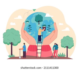 Reforestation and Earth environment protection from volunteers. Teamwork of tiny persons growing green plants and trees together flat vector illustration. Ecology, sustainable agriculture concept