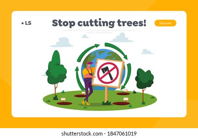 Reforestation. Environmental Agriculture to Save Earth Ecology Landing Page Template. Male Character Planting Forest, Sustainable Green Life, Nature Care Development. Cartoon Vector Illustration