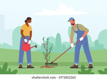 Reforestation, Forest Restoration, Planting New Trees Concept. Man and Woman Volunteer Characters Care of Plants Watering from Can, Save Nature, Environment Protection. Cartoon Vector Illustration