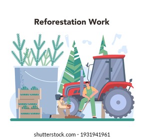 Reforestation. Forester concept. Wood protection and rehabilitation. Forest ranger taking care of woods. Isolated flat vector illustration