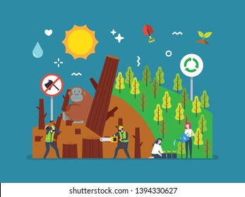 Reforestation and green act with tiny people illustration.