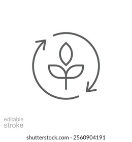 Reforestation icon. Simple outline style. Tree, plant with circle cycle, ecosystem, sustainable, restore, forest, environment concept. Thin line symbol. Vector illustration isolated. Editable stroke.