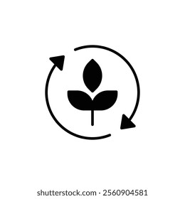 Reforestation icon. Simple solid style. Tree, plant with circle cycle, ecosystem, sustainable, restore, forest, environment concept. Black silhouette, glyph symbol. Vector illustration isolated.