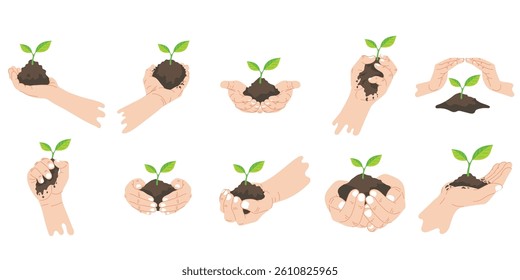 Reforestation Illustration with hand holding soil and young plant