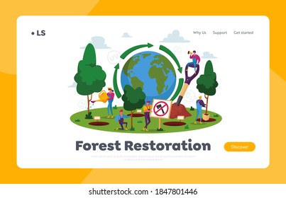 Reforestation Landing Page Template. World Environment Day, Characters Planting and Growing Trees in Soil Working in Garden, Save World, Earth Nature and Ecology. Cartoon People Vector Illustration