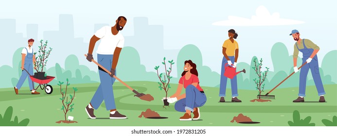 Reforestation  Nature   Ecology Concept  World Environment Day  Characters Planting Seedlings   Growing Trees into Soil Working in Garden  Save World  Earth Day  Cartoon People Vector Illustration