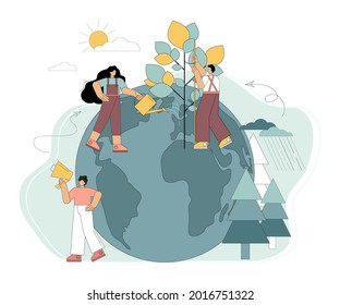 Reforestation Of The Planet. Nature Care. Horticulture And Food Farming Around The World. Vector Flat Illustration.