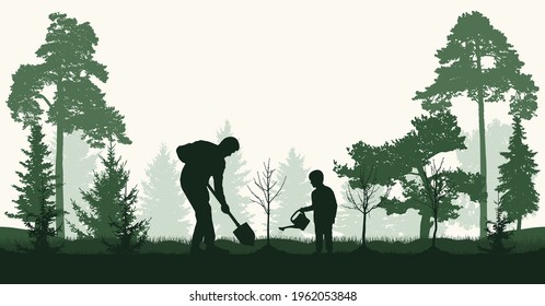 Reforestation  planting trees in forest  Man   child plant bare tree   fir trees  silhouette  Vector illustration