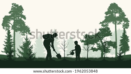 Reforestation, planting trees in forest. Man and child plant bare tree and fir trees, silhouette. Vector illustration