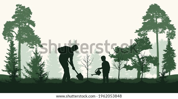 Reforestation,\
planting trees in forest. Man and child plant bare tree and fir\
trees, silhouette. Vector\
illustration