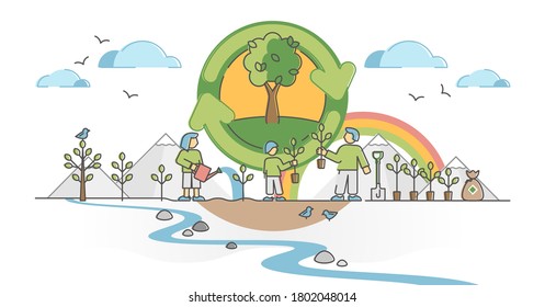 Reforestation as planting trees to protect green environment outline concept. Earth protection of global warming with plants growing and organic sustainable forest vector illustration. Clean air care.