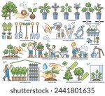 Reforestation preparation and tree planting work outline collection set. Elements for forest seedlings, soil sample analysis, mulching and watering vector illustration. Sustainable planet effort.
