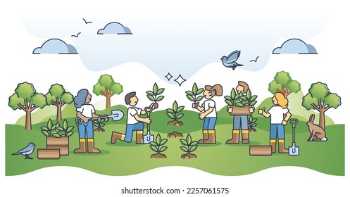 Reforestation project and tree plant environmental volunteers outline concept. Work with organic seedling and forest cultivation for sustainable and nature friendly environment vector illustration.