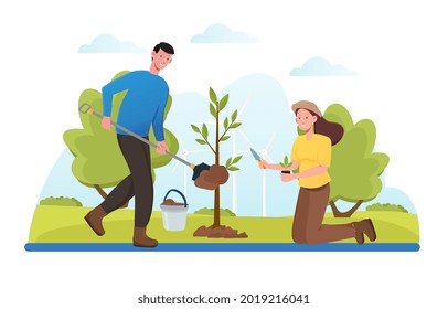 Reforestation, save earth ecology. Humans planting trees, sustainable energy poster, forest cover recovery. Flat cartoon illustration vector concept web banner design isolated on white background