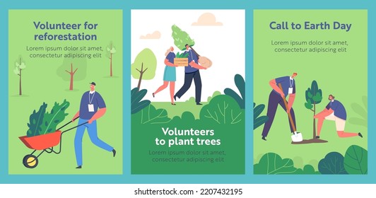 Reforestation, Save Earth Planet, Forest Restoration Cartoon Banners. Volunteer Characters Planting Seedlings and Growing Trees. People Working in Garden, World Environment Day, Vector Posters