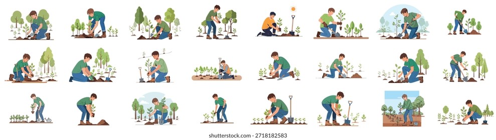 Actividades de reforestación y plantación de árboles: un conjunto de Ilustraciones que muestran Personas para sembrar semillas, cuidar los árboles jóvenes y trabajar en Naturaleza.