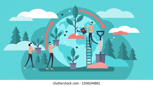 Ilustración vectorial de la reforestación. Concepto de plantadores de bosques planos. Agricultura ambiental para salvar la ecología de la Tierra. Desarrollo sostenible de la naturaleza de la vida verde cuidado del aire fresco y limpio.