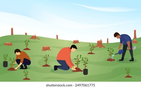 Ilustración vectorial de reforestación, personas reforestan bosques dañados, activista y voluntario haciendo reforestación, concepto del Día de la Tierra, replantando árboles