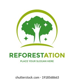 Reforestation vector logo template. This design use hand and tree symbol. Suitable for environment.