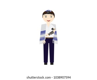 Reform Jewish boy with tefillin and tallit vector illustration. Boy celebrating Bar mitzvah, yom kippur, rosh hashanah, Jewish holidays