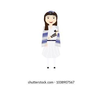 Reform Jewish girl with tefillin and tallit vector illustration. Girl celebrating Bat mitzvah, yom kippur, rosh hashanah, Jewish holidays