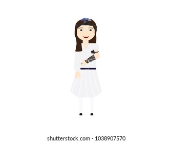 Reform Jewish girl with tefillin vector illustration. Girl celebrating Bat mitzvah, yom kippur, rosh hashanah, Jewish holidays