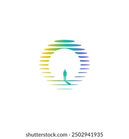 refracting sunset light with logo, meaning human silhouette standing in front of light, vector design for your brand.