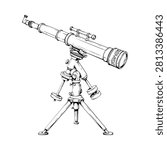 Refracting Telescope With Tripod Black And White Sketch Illustration