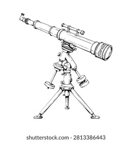 Refracting Telescope With Tripod Black And White Sketch Illustration