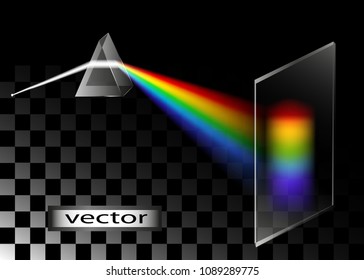 Refraction of light with the expansion of the color spectrum realistic and. Dispersion of light as a physical phenomenon scientific vector illustration of a glass triangle and beam.