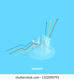 refraction of rays in a transparent glass cube, isometric style