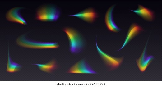 Refracciones establecidas, superposición de la bengala de fugas, efecto de la luz del sol arcoiris, colección de rayos holográficos aislados en un fondo negro. Textura de foto retro de bokeh borrosa, resplandor de cámara vintage. Ilustración vectorial.