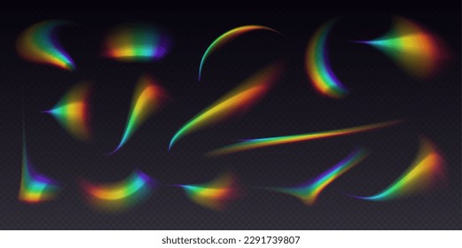 Refractions set, leak flare overlay, rainbow sunlight effect, holographic rays collection isolated on a black background. Blurred bokeh retro photo texture, vintage camera glare. Vector illustration.