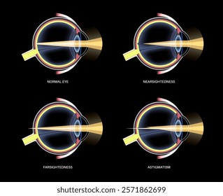 Refractive errors poster. Normal eye, astigmatism, myopia and hyperopia diseases. Nearsightedness and farsightedness concept. Short sightedness, long sightedness vision disorder vector illustration