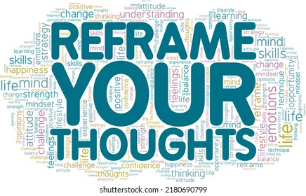 Reframe Your Thoughts word Cloud konzeptuelles Design einzeln auf weißem Hintergrund.