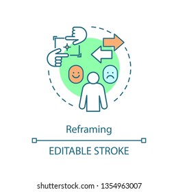 Reframing concept icon. Mental health. Cognitive therapy, restructuring. Positive thinking. Stress overcoming idea thin line illustration. Vector isolated outline drawing. Editable stroke