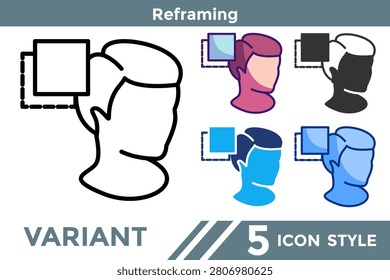 Reframing icon for illustrating perspective shift systems, reinterpretation processes, and cognitive restructuring in mindset visuals. Line, Filled, Color, Blue, Dualtone style.