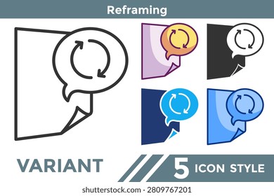 Reframing icon for representing perspective adjustment systems, reinterpretation processes, and cognitive restructuring concepts. Line, Filled, Color, Dualtone style.