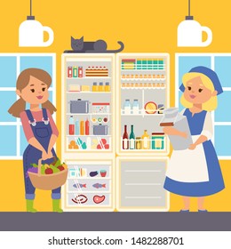 Refregerator full of food banner vector illustration. Female farmer characters standing near open cooler holding milk and basket with fruits and vegetables. Meat and fish on shelves.