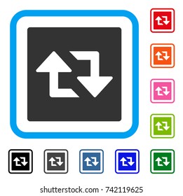 Refresh Arrows icon. Flat gray iconic symbol inside a light blue rounded rectangular frame. Black, gray, green, blue, red, orange color versions of Refresh Arrows vector. Designed for web and app UI.