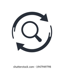 Refresh arrows and magnifying glass. Quick search.  Searching, Browsing Internet Data, Information Networking Concept. Design element. Vector template isolated on white background.