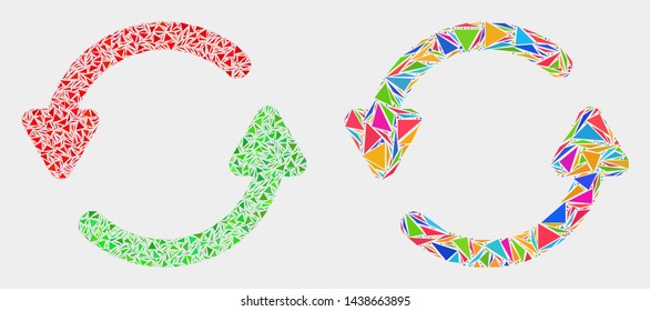 Refresh arrows mosaic icon of triangle elements which have variable sizes and shapes and colors. Geometric abstract vector illustration of refresh arrows.