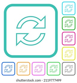 Refresh arrows outline vivid colored flat icons in curved borders on white background