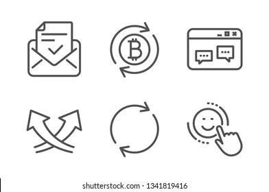 Refresh bitcoin, Approved mail and Browser window icons simple set. Full rotation, Intersection arrows and Smile signs. Update cryptocurrency, Confirmed document. Technology set. Vector