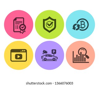 Refresh bitcoin, Certificate and Video content icons simple set. Parking security, Approved shield and Search signs. Update cryptocurrency, Verified document. Business set. Flat refresh bitcoin icon