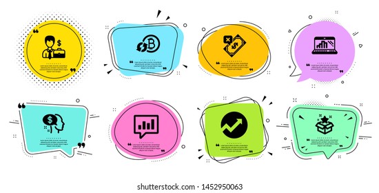 Refresh bitcoin, Pay and Rejected payment line icons set. Chat bubbles with quotes. Analytical chat, Loyalty program and Audit signs. Graph laptop, Businessman case symbols. Vector